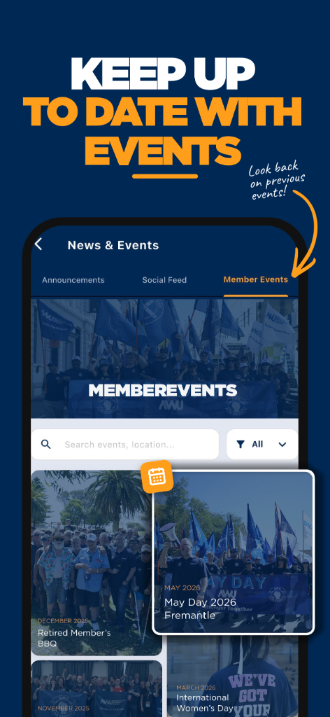 Keep Up To Date With Events screen