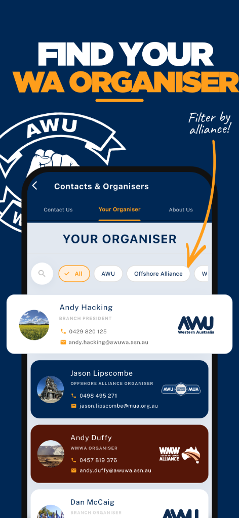 Find Your WA Organiser screen