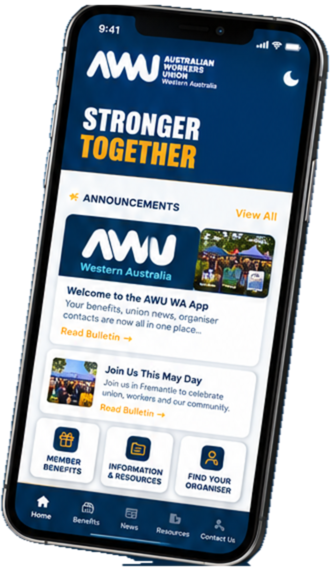 AWU WA App preview on iPhone screen showcasing Stronger Together announcements and quick actions