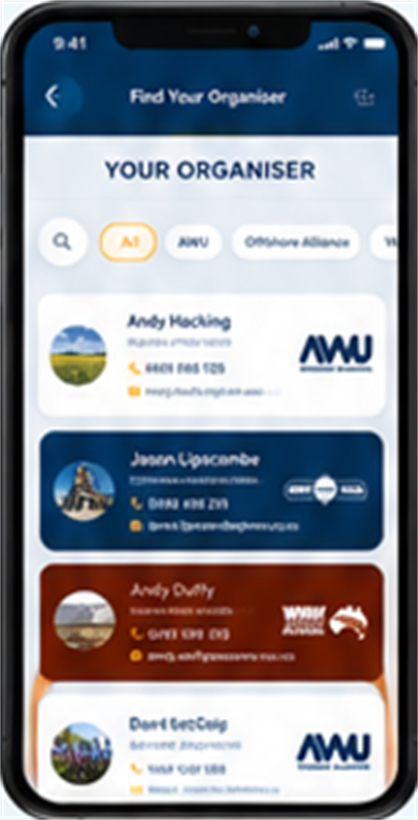 Find Your Organiser screen on mobile phone